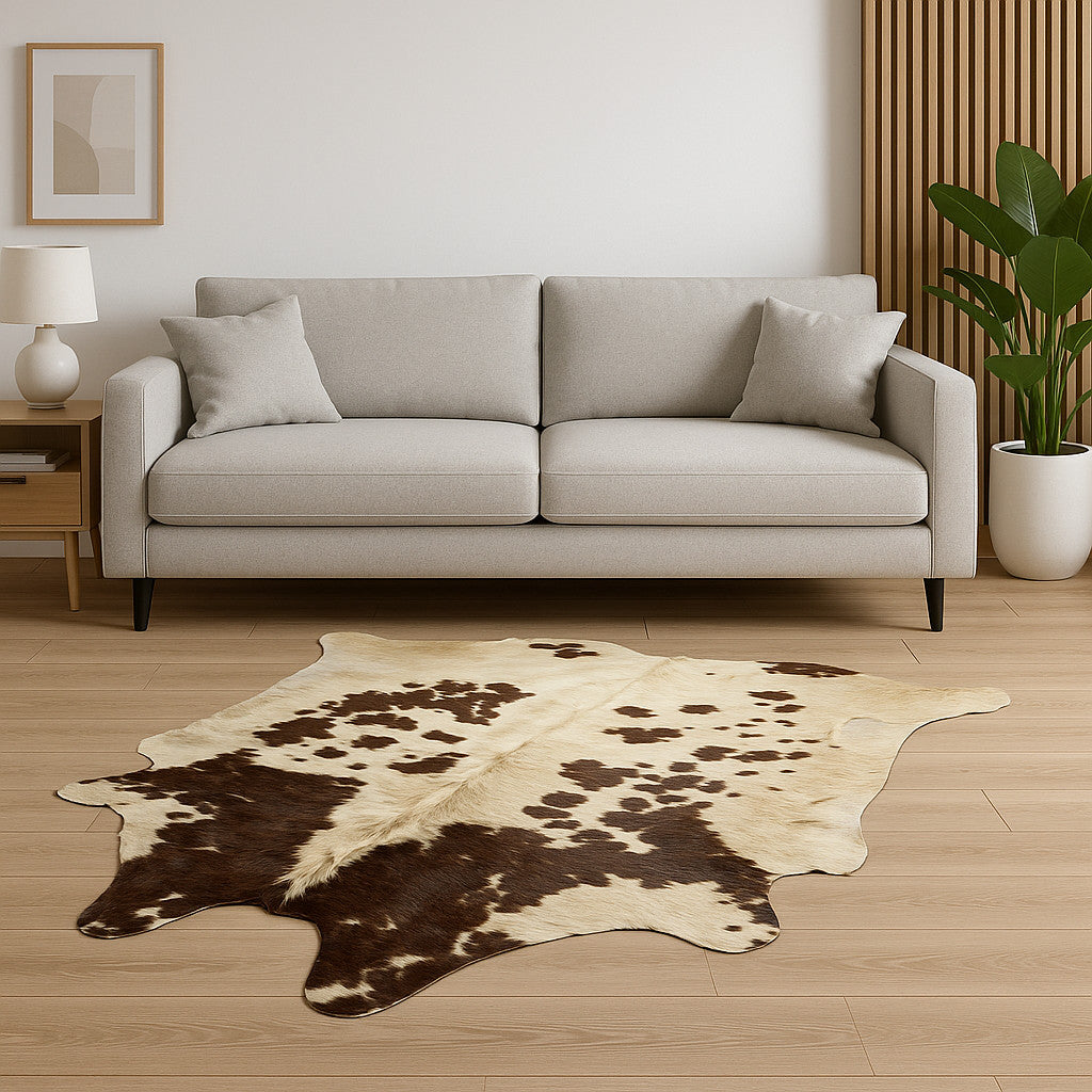 6' X 7' Brown And White Cowhide Cowhide Print Area Rug-Area Rugs-DECOROLALA
