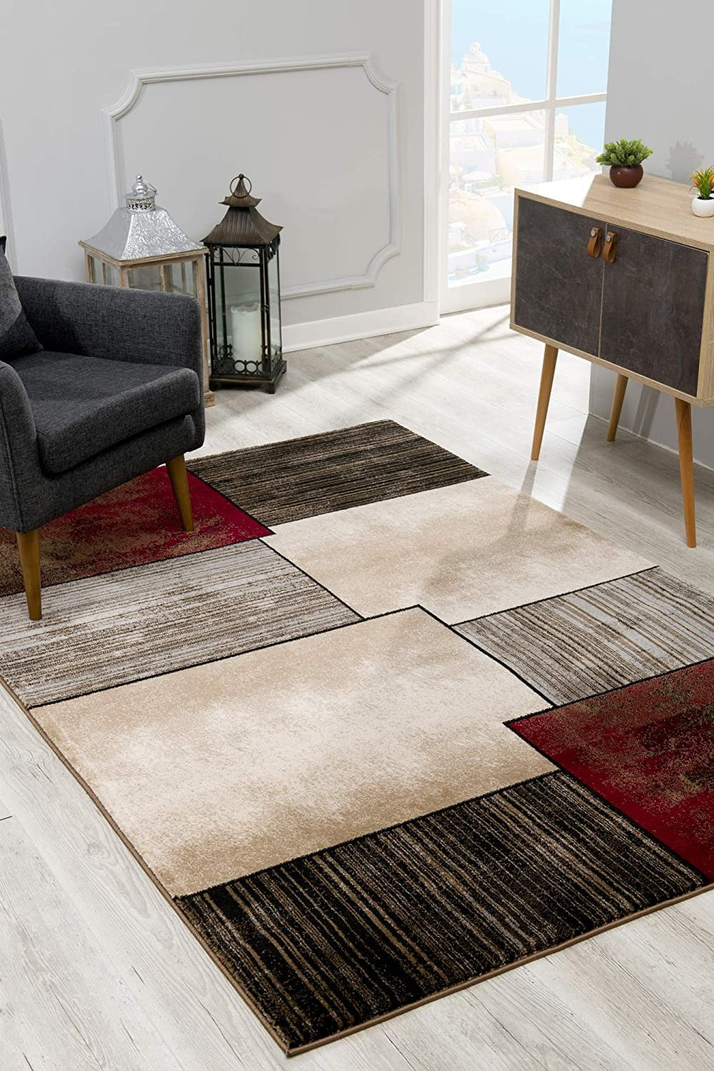 6' X 9' Beige And Brown Abstract Shag Area Rug-Area Rugs-DECOROLALA