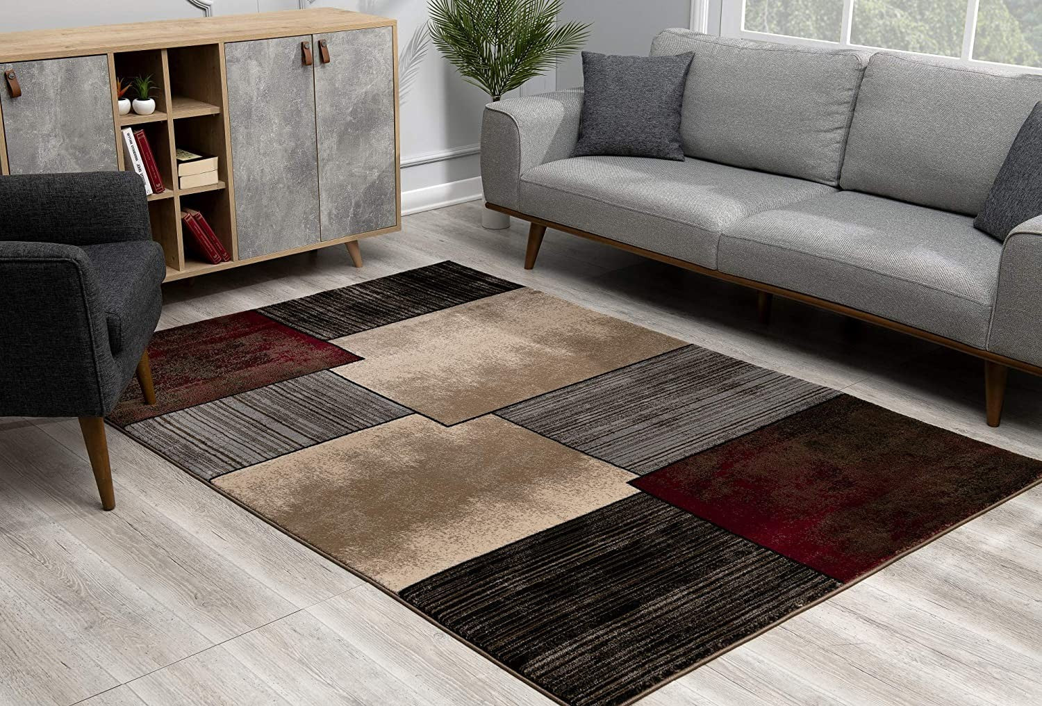 6' X 9' Beige And Brown Abstract Shag Area Rug-Area Rugs-DECOROLALA