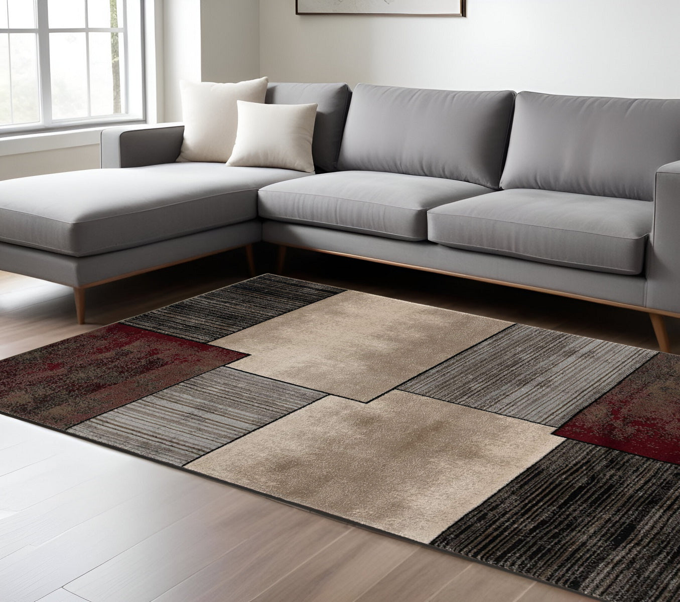 6' X 9' Beige And Brown Abstract Shag Area Rug-Area Rugs-DECOROLALA
