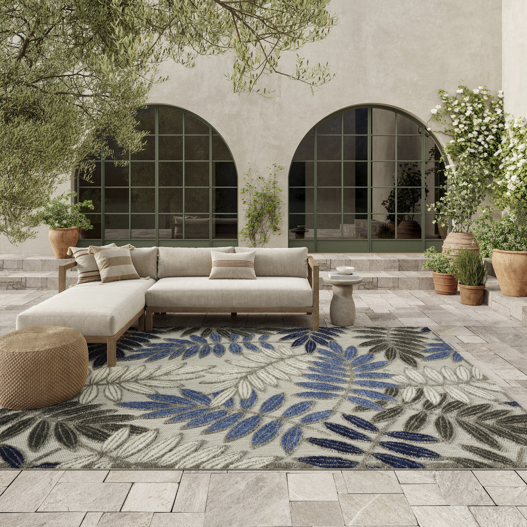 6' X 9' Blue And Gray Floral Indoor Outdoor Area Rug-Outdoor Rugs-DECOROLALA