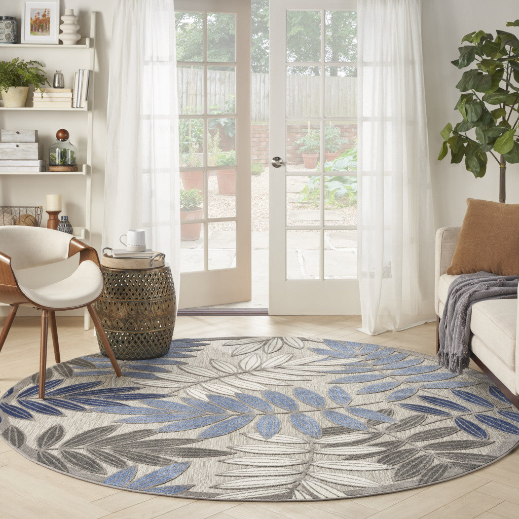 6' X 9' Blue And Gray Floral Indoor Outdoor Area Rug-Outdoor Rugs-DECOROLALA