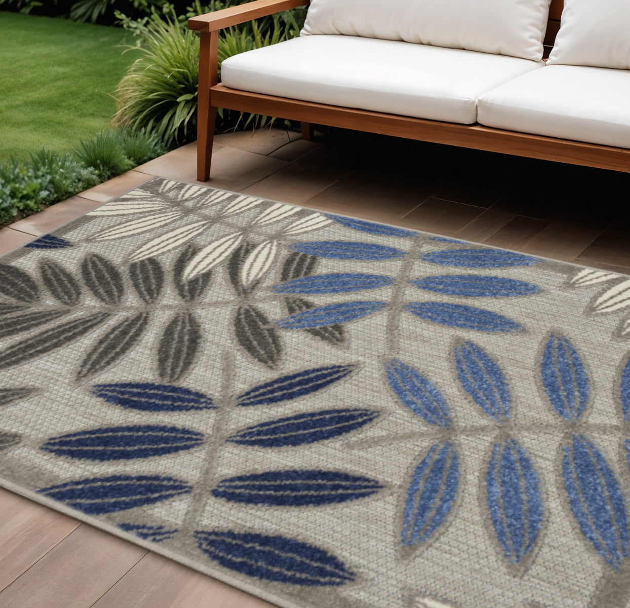 6' X 9' Blue And Gray Floral Indoor Outdoor Area Rug-Outdoor Rugs-DECOROLALA