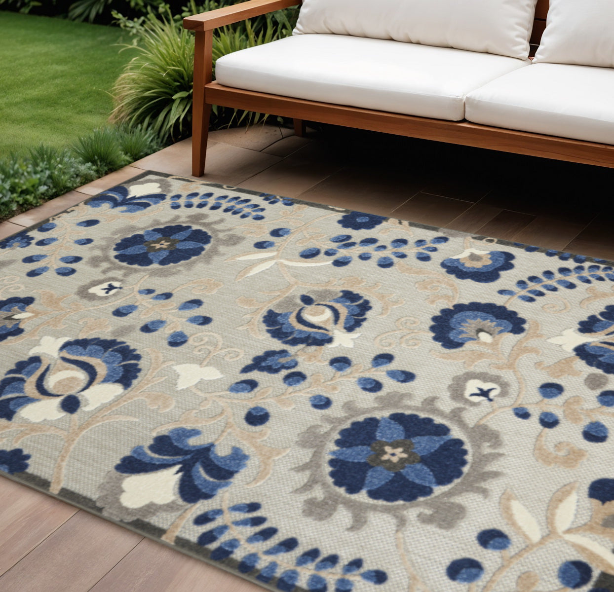 6' X 9' Blue And Gray Indoor Outdoor Area Rug-Outdoor Rugs-DECOROLALA