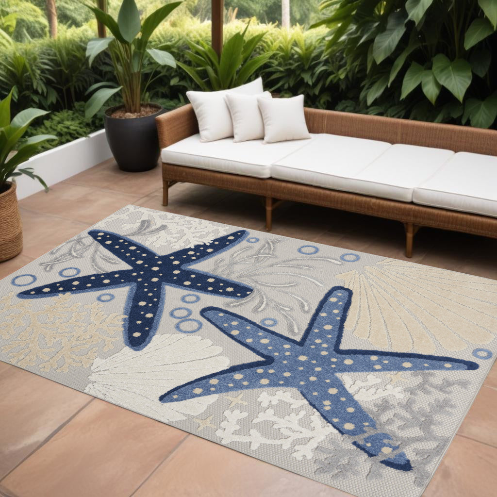 6' X 9' Blue And Gray Indoor Outdoor Area Rug-Outdoor Rugs-DECOROLALA