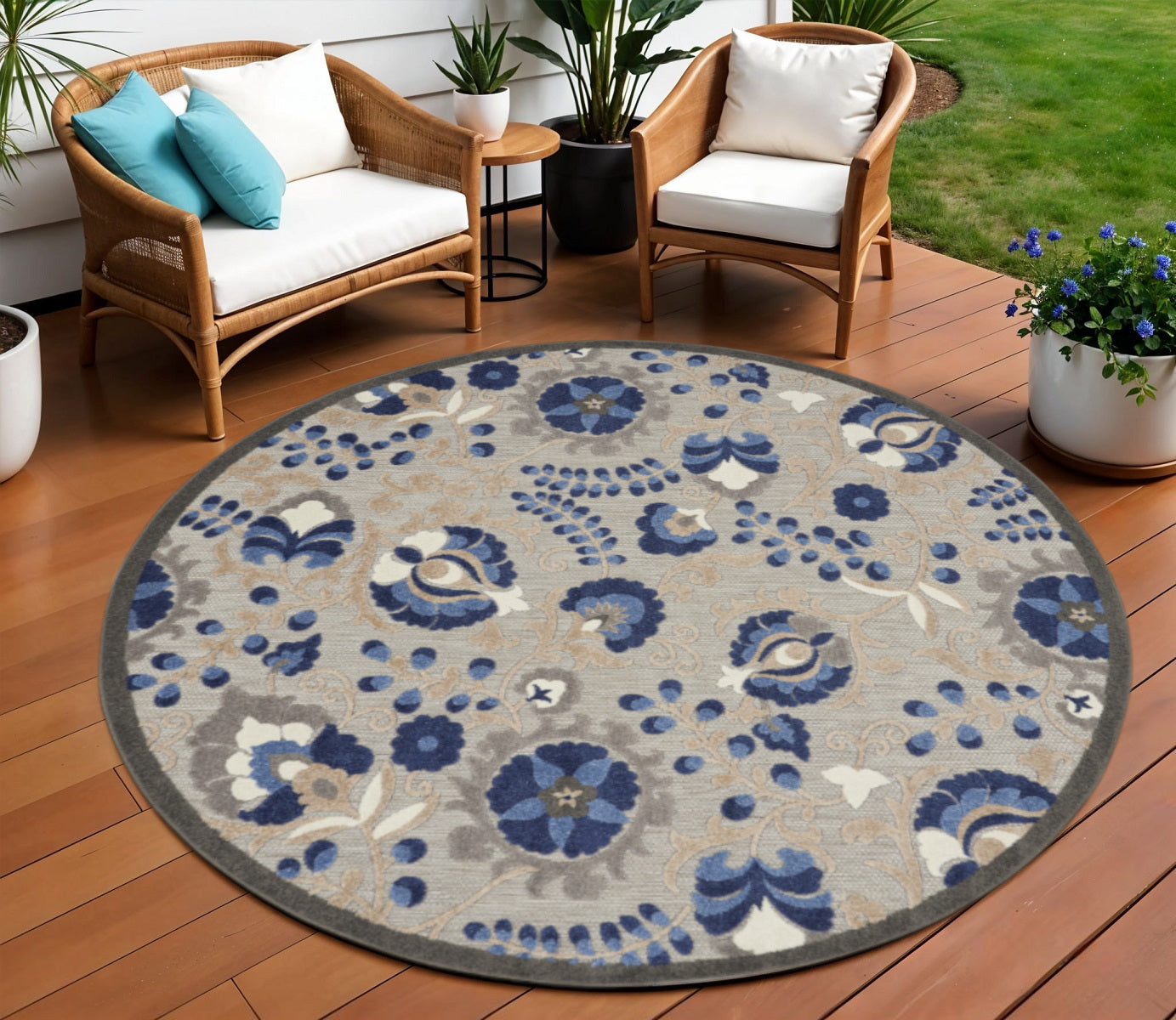 6' X 9' Blue And Gray Indoor Outdoor Area Rug-Outdoor Rugs-DECOROLALA