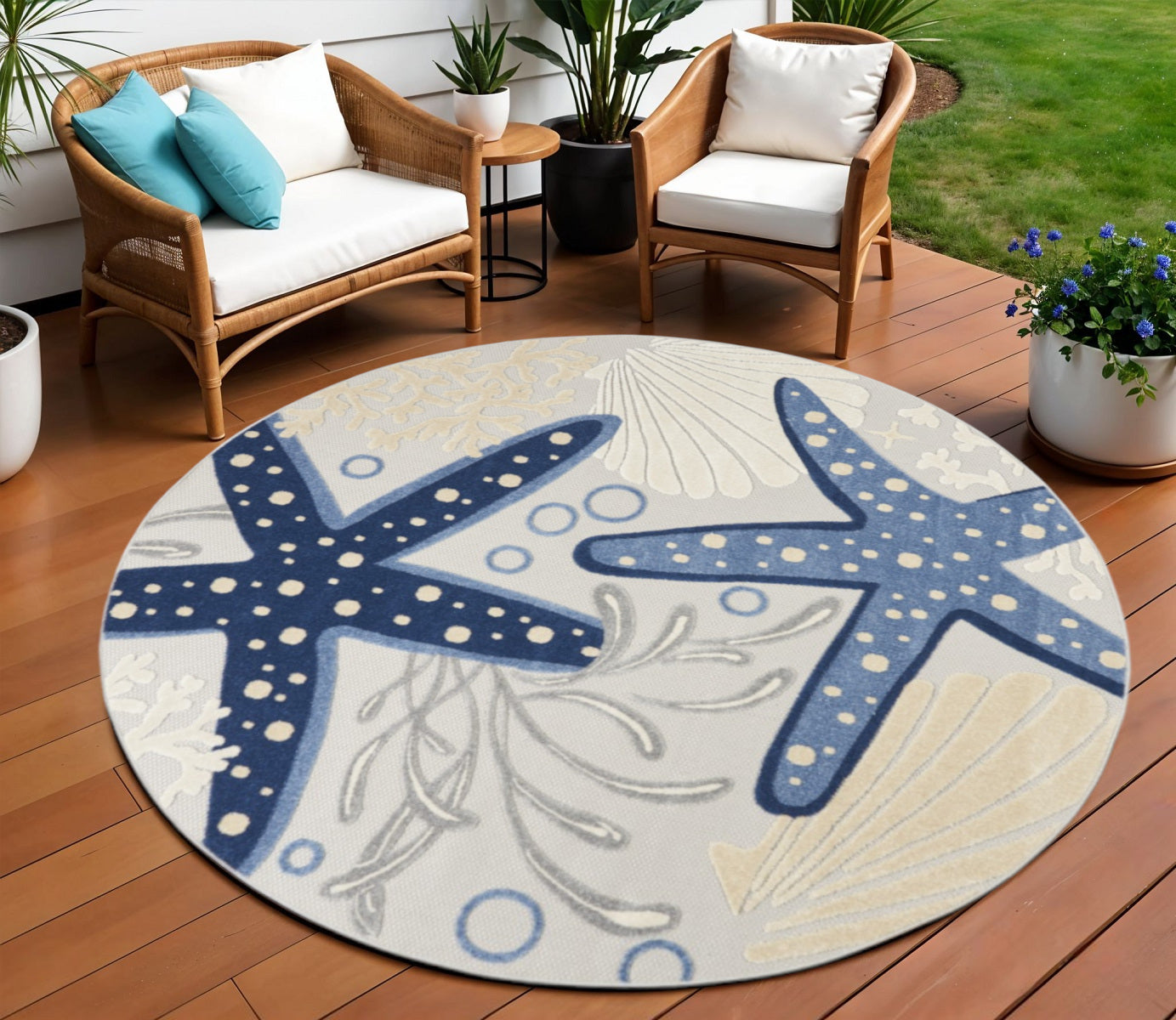 6' X 9' Blue And Gray Indoor Outdoor Area Rug-Outdoor Rugs-DECOROLALA