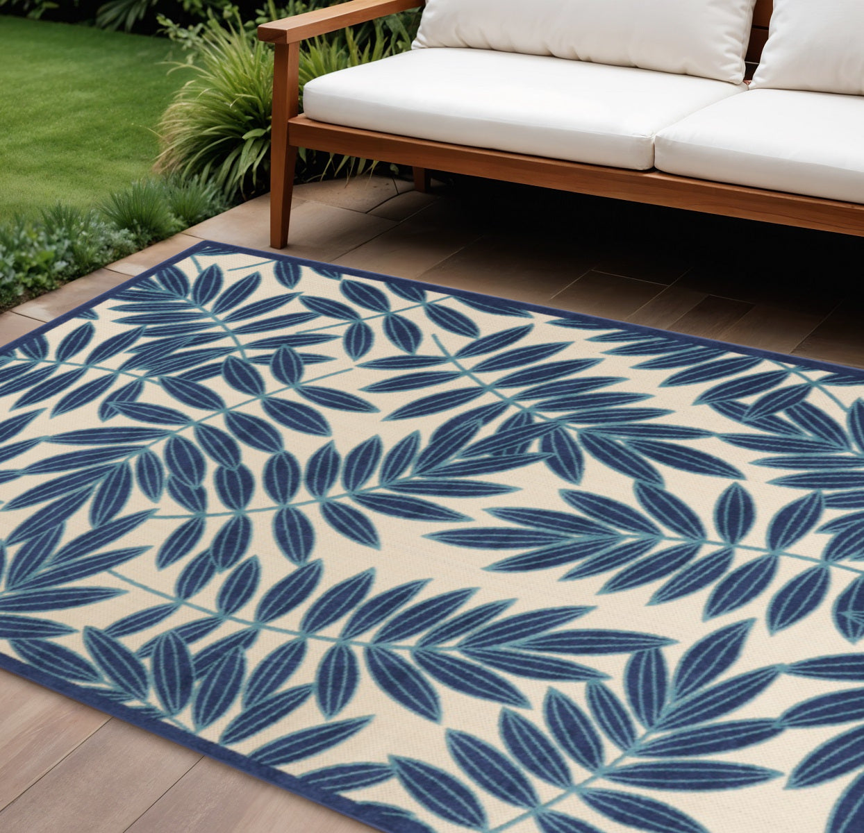 6' X 9' Blue And Ivory Floral Indoor Outdoor Area Rug-Outdoor Rugs-DECOROLALA
