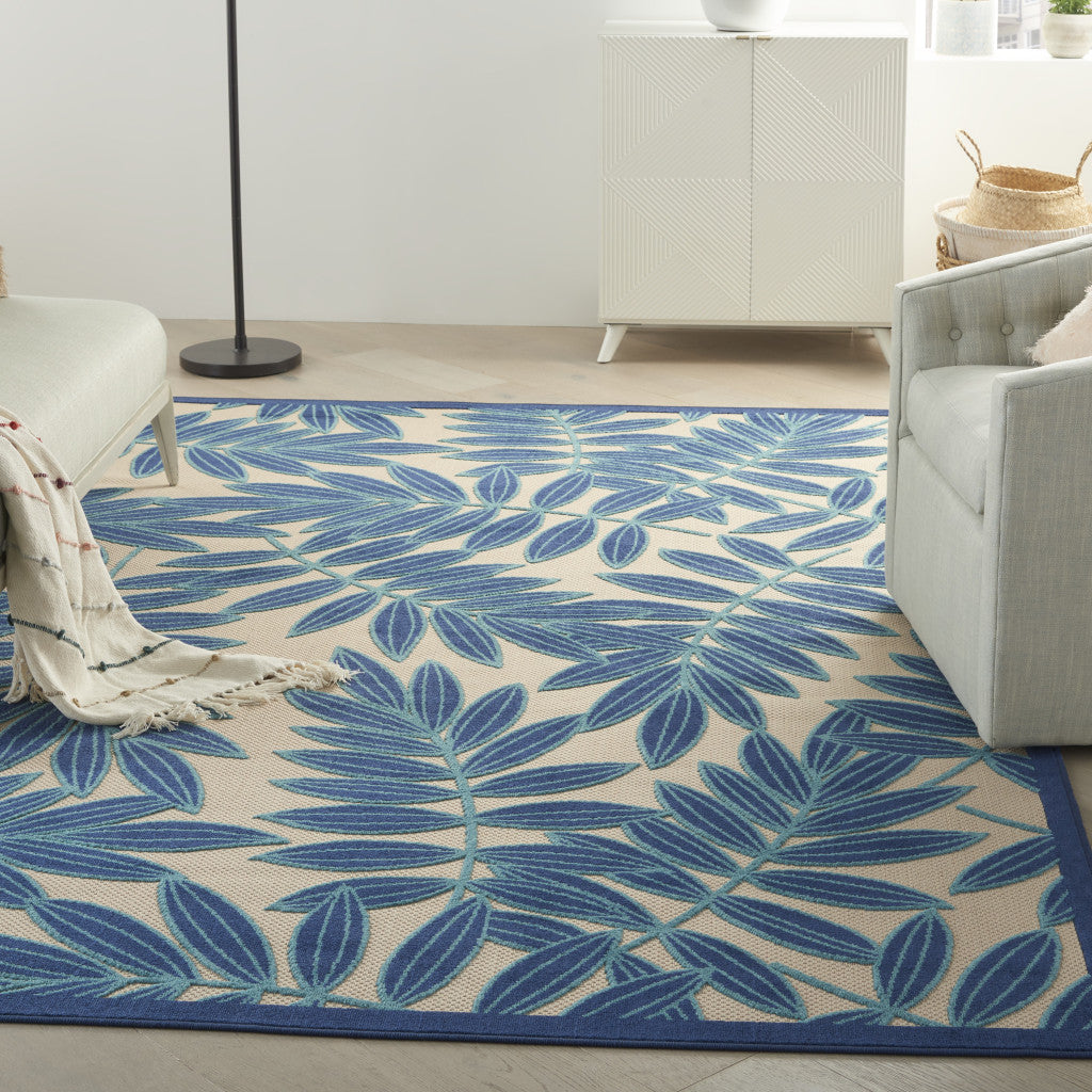 6' X 9' Blue And Ivory Floral Indoor Outdoor Area Rug-Outdoor Rugs-DECOROLALA