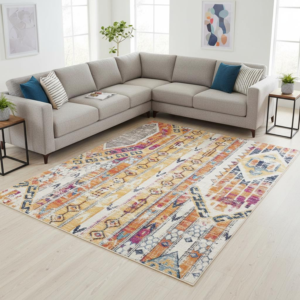 6' X 9' Gold and Ivory Southwestern Area Rug-Area Rugs-DECOROLALA