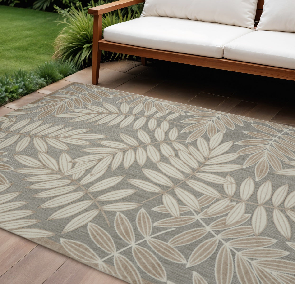 6' X 9' Gray And Ivory Floral Indoor Outdoor Area Rug-Outdoor Rugs-DECOROLALA