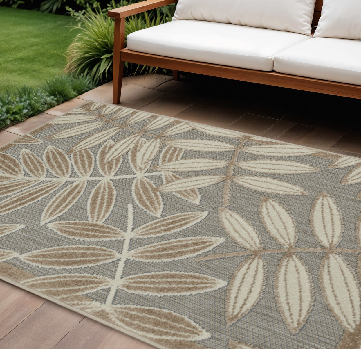 6' X 9' Gray And Ivory Floral Indoor Outdoor Area Rug-Outdoor Rugs-DECOROLALA