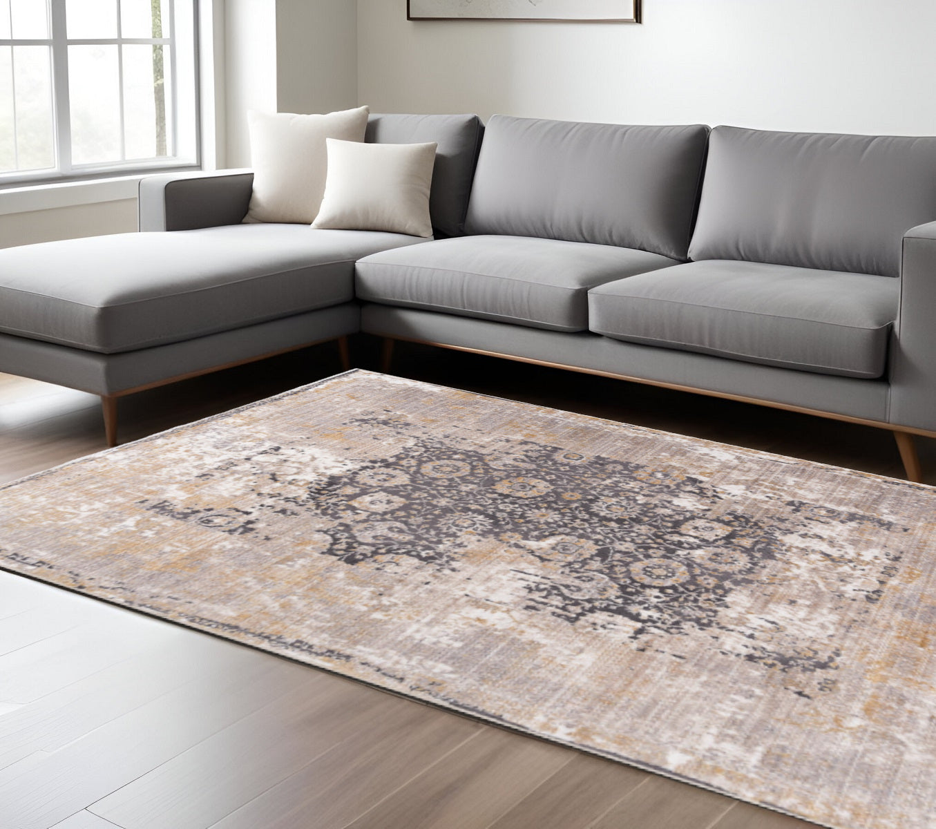 6' X 9' Gray and Ivory Oriental Non Skid Area Rug-Area Rugs-DECOROLALA