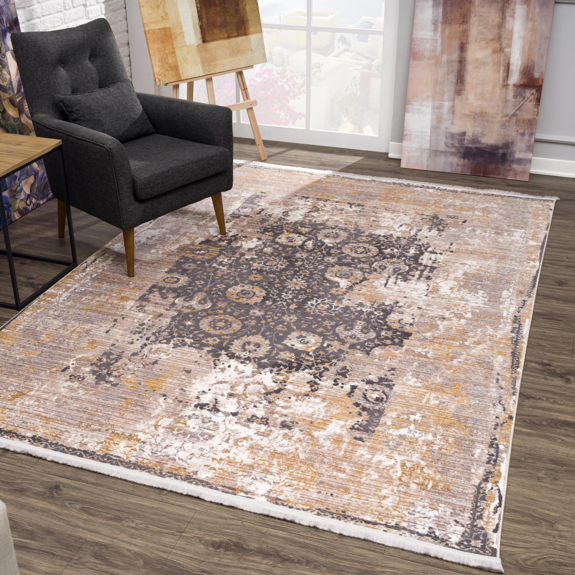 6' X 9' Gray and Ivory Oriental Non Skid Area Rug-Area Rugs-DECOROLALA