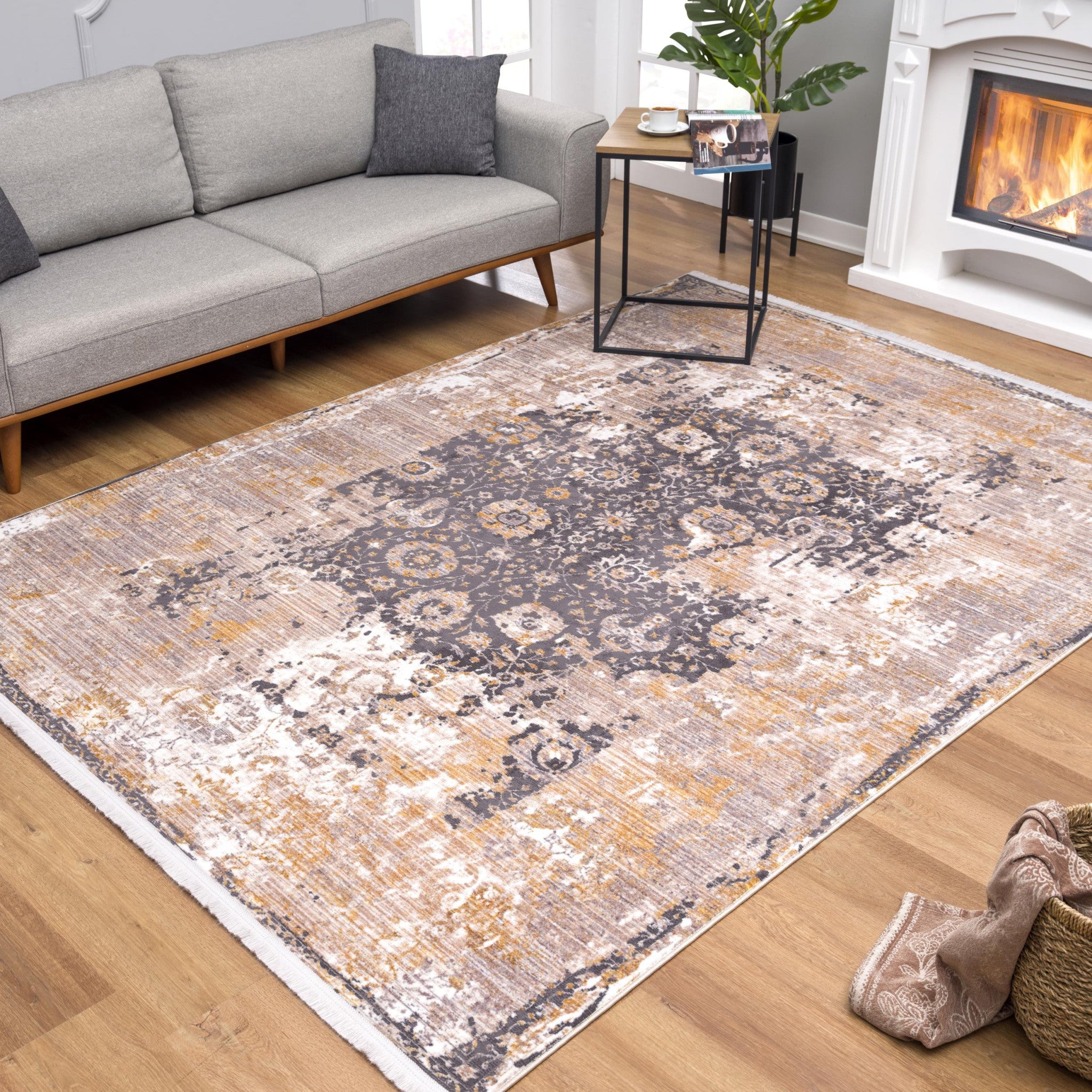 6' X 9' Gray and Ivory Oriental Non Skid Area Rug-Area Rugs-DECOROLALA
