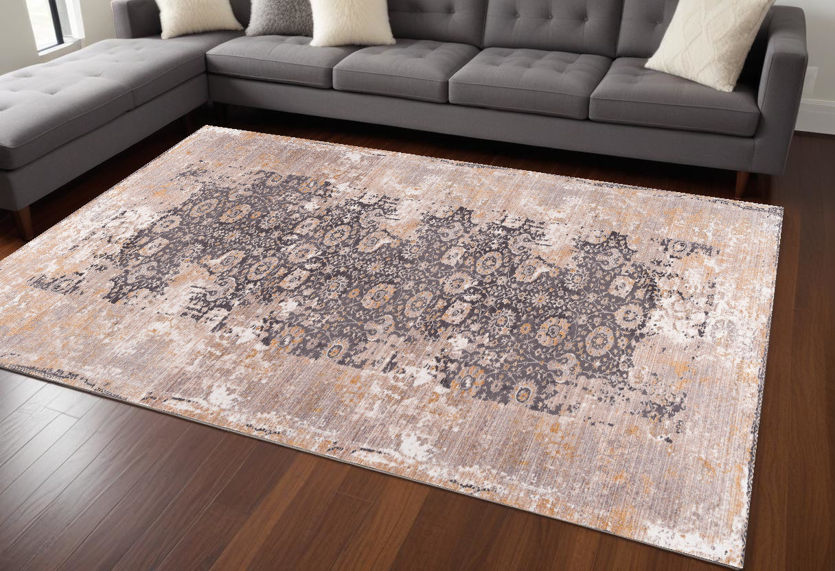 6' X 9' Gray and Ivory Oriental Non Skid Area Rug-Area Rugs-DECOROLALA