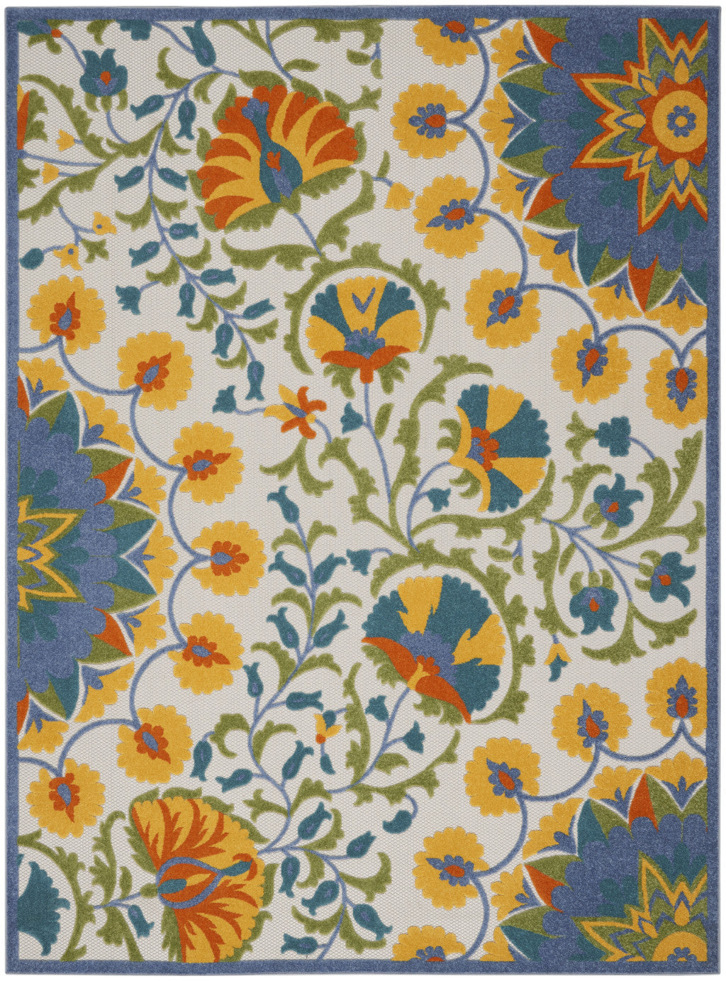6' X 9' Ivory And Blue Floral Indoor Outdoor Area Rug-Outdoor Rugs-DECOROLALA