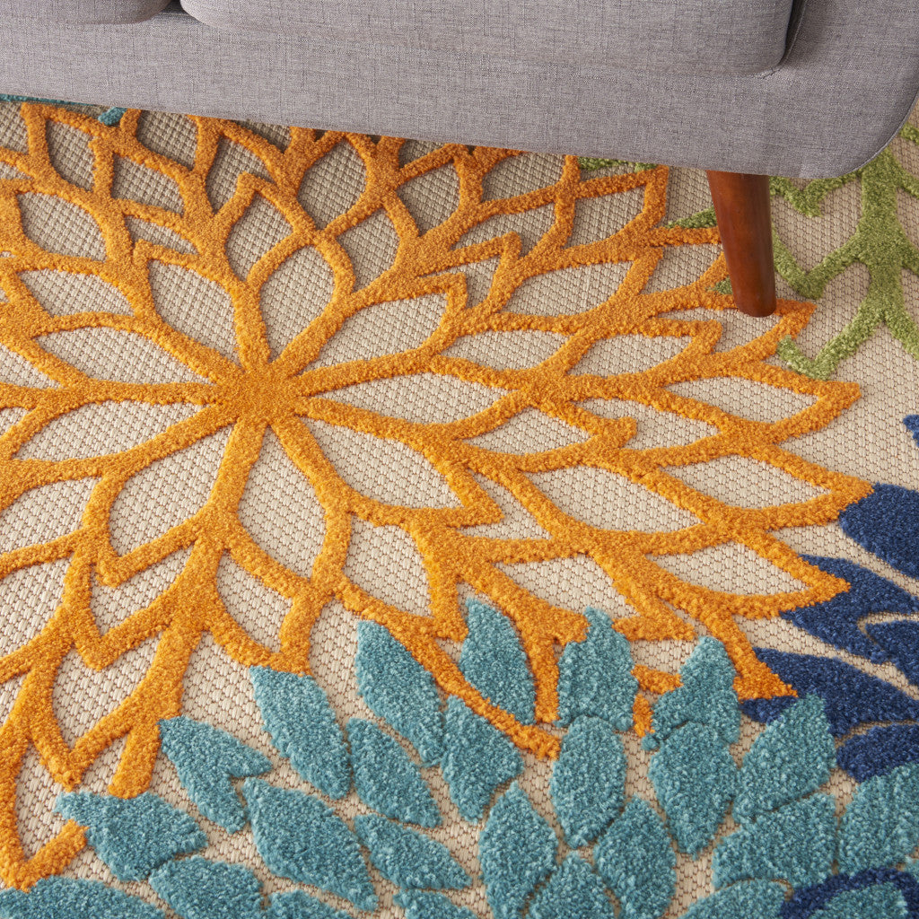 6' X 9' Ivory And Blue Floral Indoor Outdoor Area Rug-Outdoor Rugs-DECOROLALA