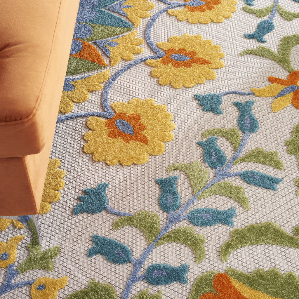 6' X 9' Ivory And Blue Floral Indoor Outdoor Area Rug-Outdoor Rugs-DECOROLALA