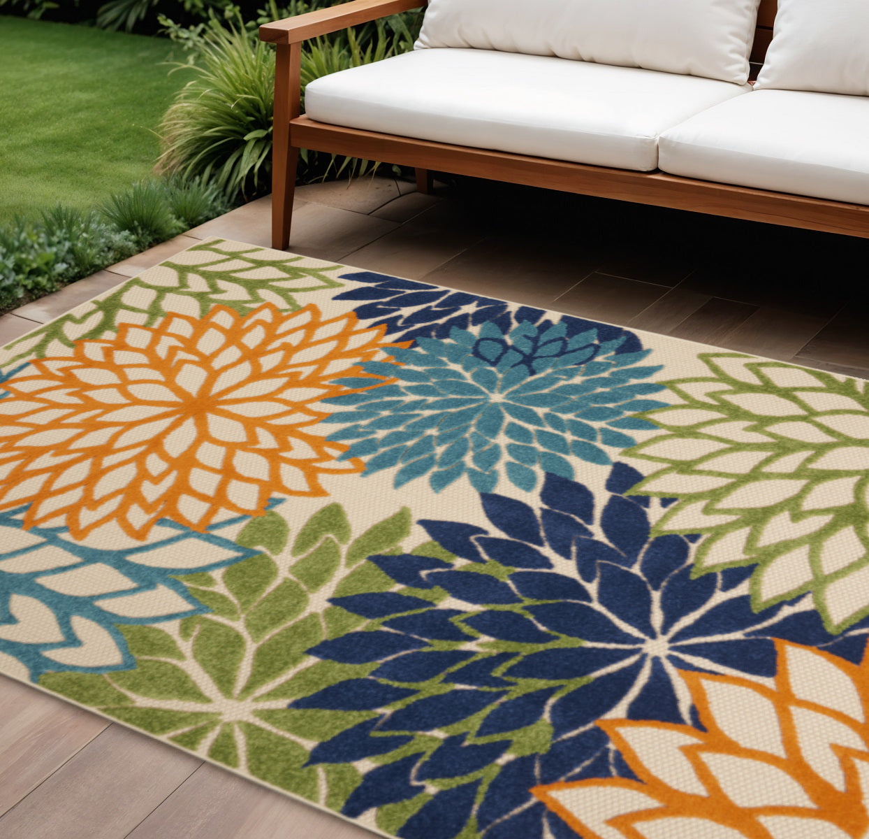 6' X 9' Ivory And Blue Floral Indoor Outdoor Area Rug-Outdoor Rugs-DECOROLALA