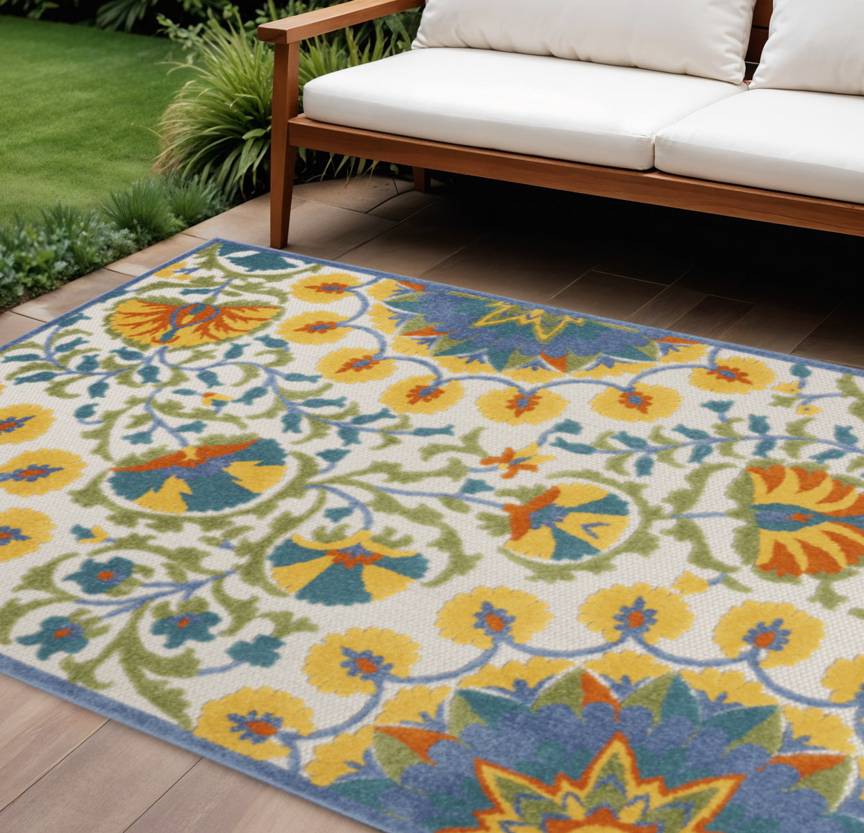 6' X 9' Ivory And Blue Floral Indoor Outdoor Area Rug-Outdoor Rugs-DECOROLALA