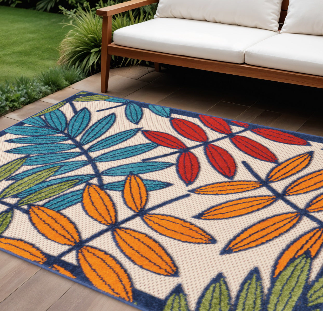 6' X 9' Ivory And Blue Floral Indoor Outdoor Area Rug-Outdoor Rugs-DECOROLALA