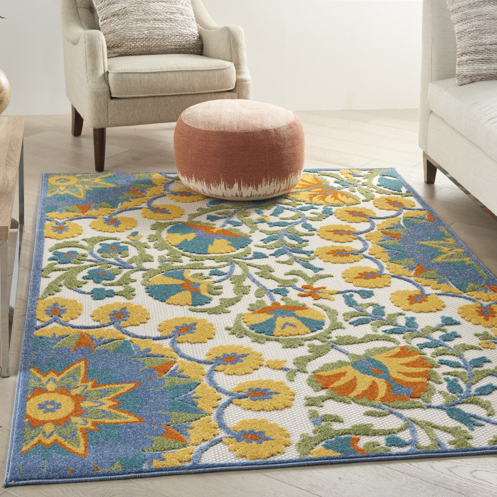 6' X 9' Ivory And Blue Floral Indoor Outdoor Area Rug-Outdoor Rugs-DECOROLALA