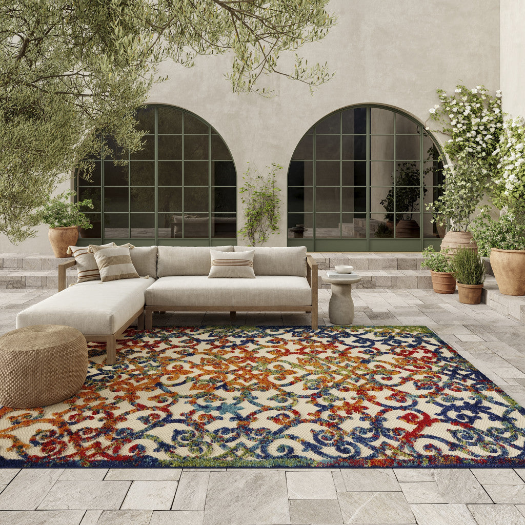 6' X 9' Ivory And Blue Indoor Outdoor Area Rug-Outdoor Rugs-DECOROLALA