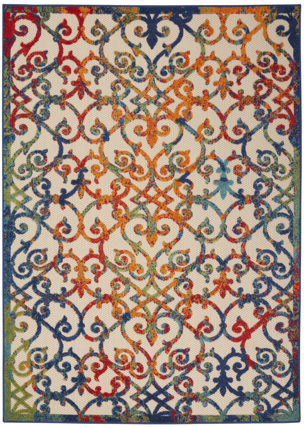 6' X 9' Ivory And Blue Indoor Outdoor Area Rug-Outdoor Rugs-DECOROLALA