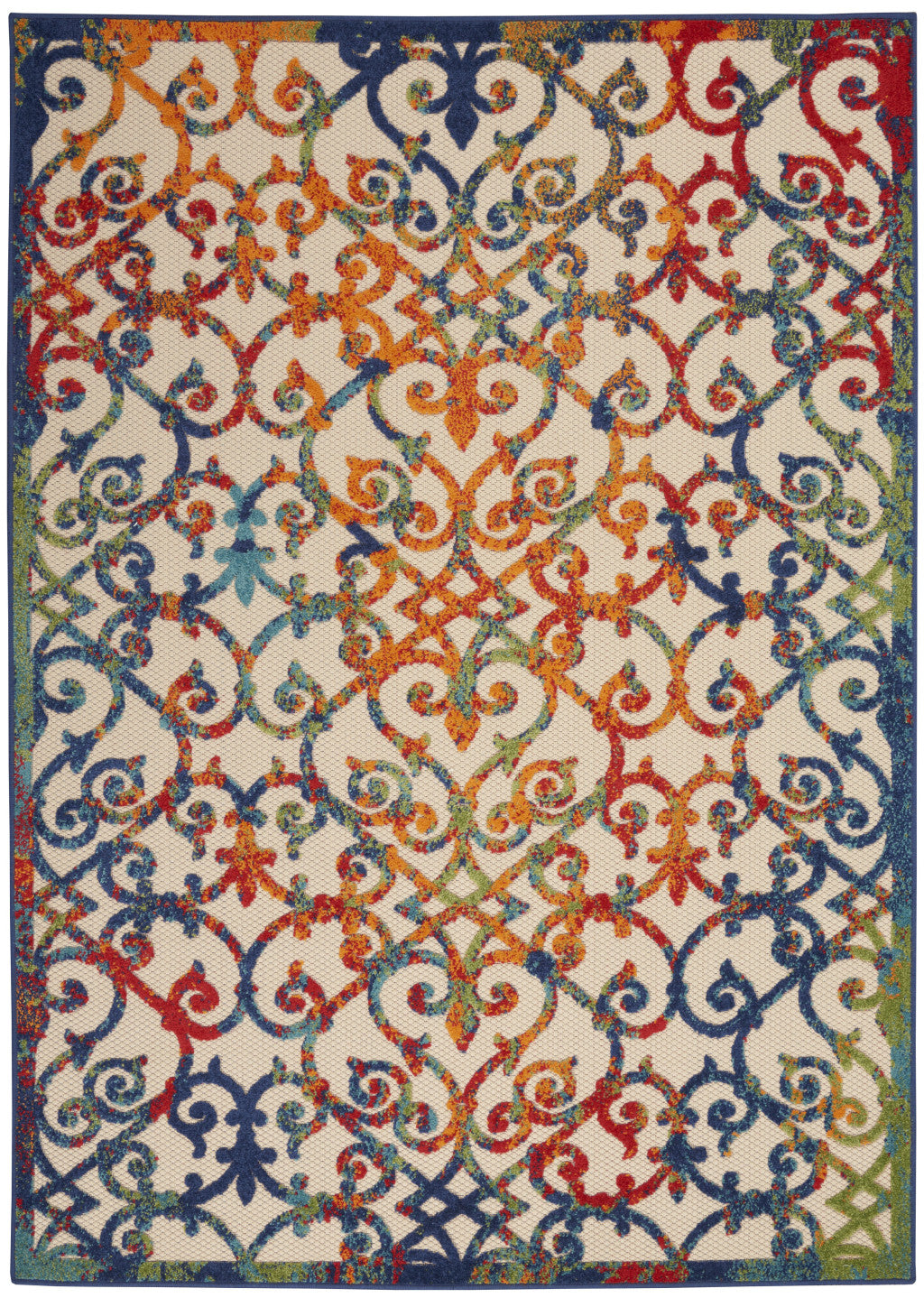6' X 9' Ivory And Blue Indoor Outdoor Area Rug-Outdoor Rugs-DECOROLALA