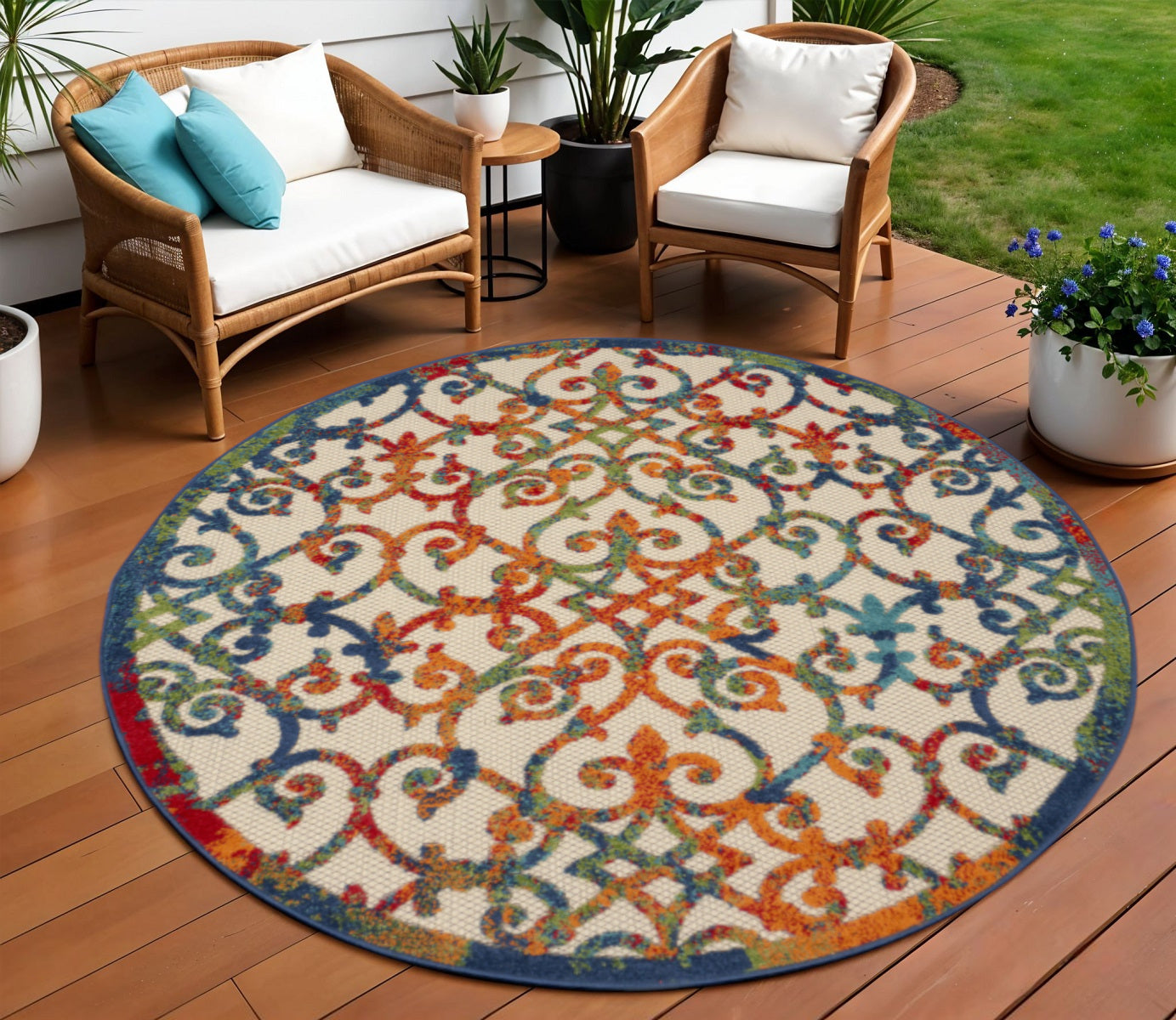 6' X 9' Ivory And Blue Indoor Outdoor Area Rug-Outdoor Rugs-DECOROLALA