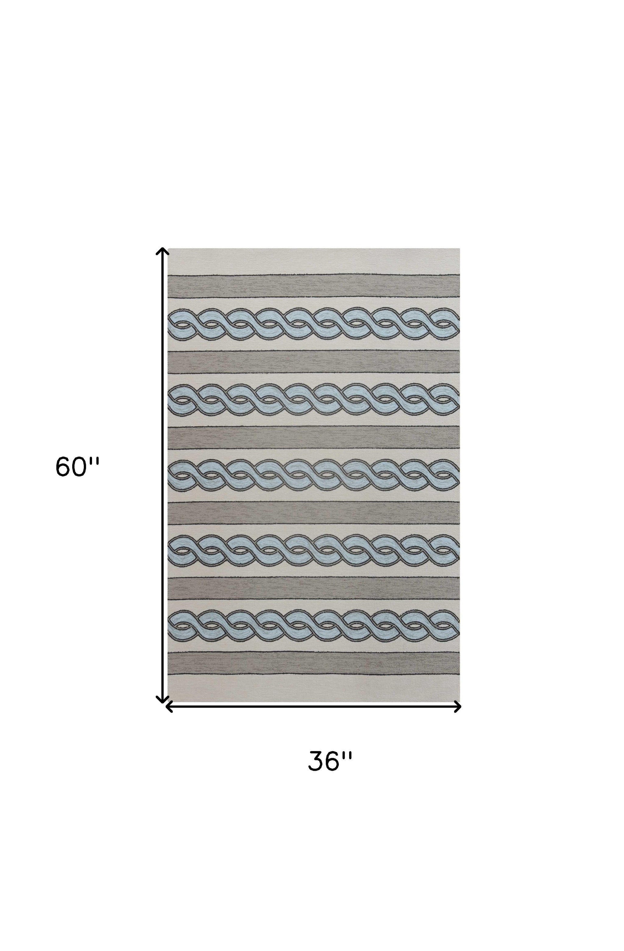 6' X 9' Ivory Light Blue And Gray Geometric Hand Hooked Area Rug-Area Rugs-DECOROLALA