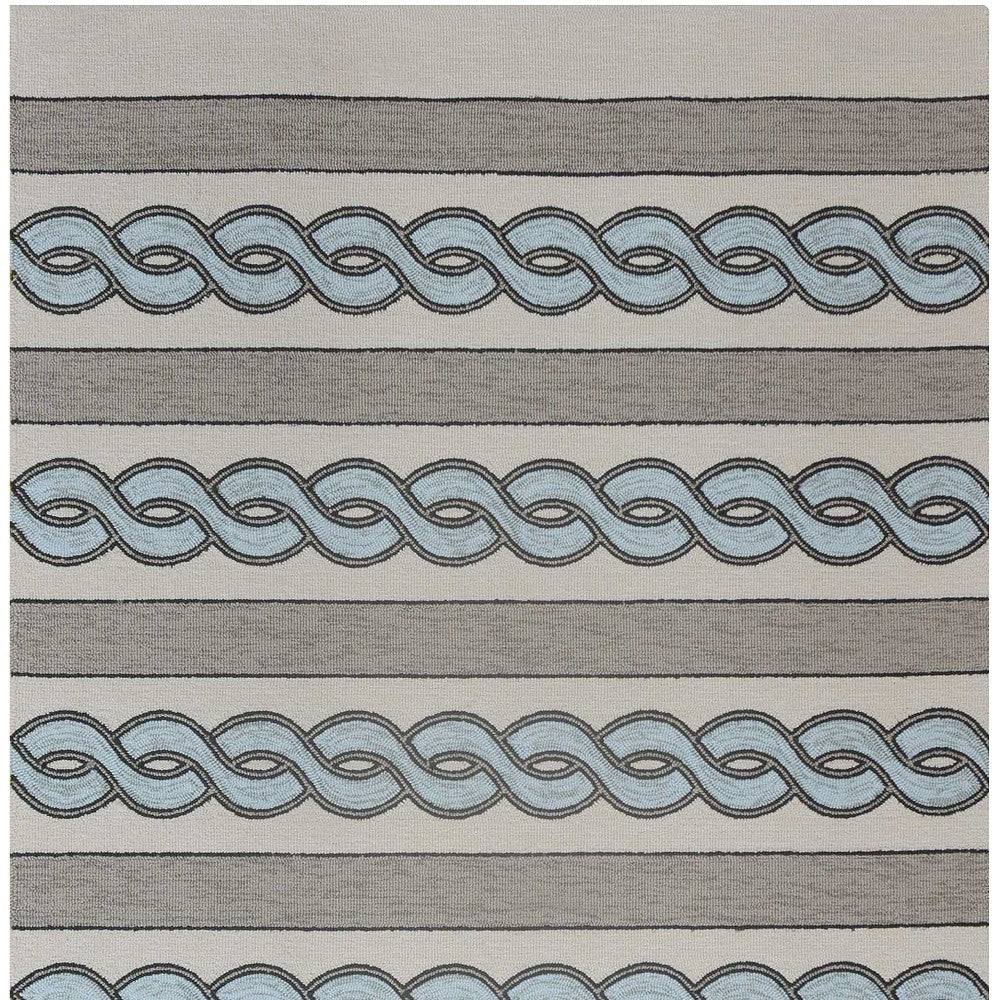 6' X 9' Ivory Light Blue And Gray Geometric Hand Hooked Area Rug-Area Rugs-DECOROLALA