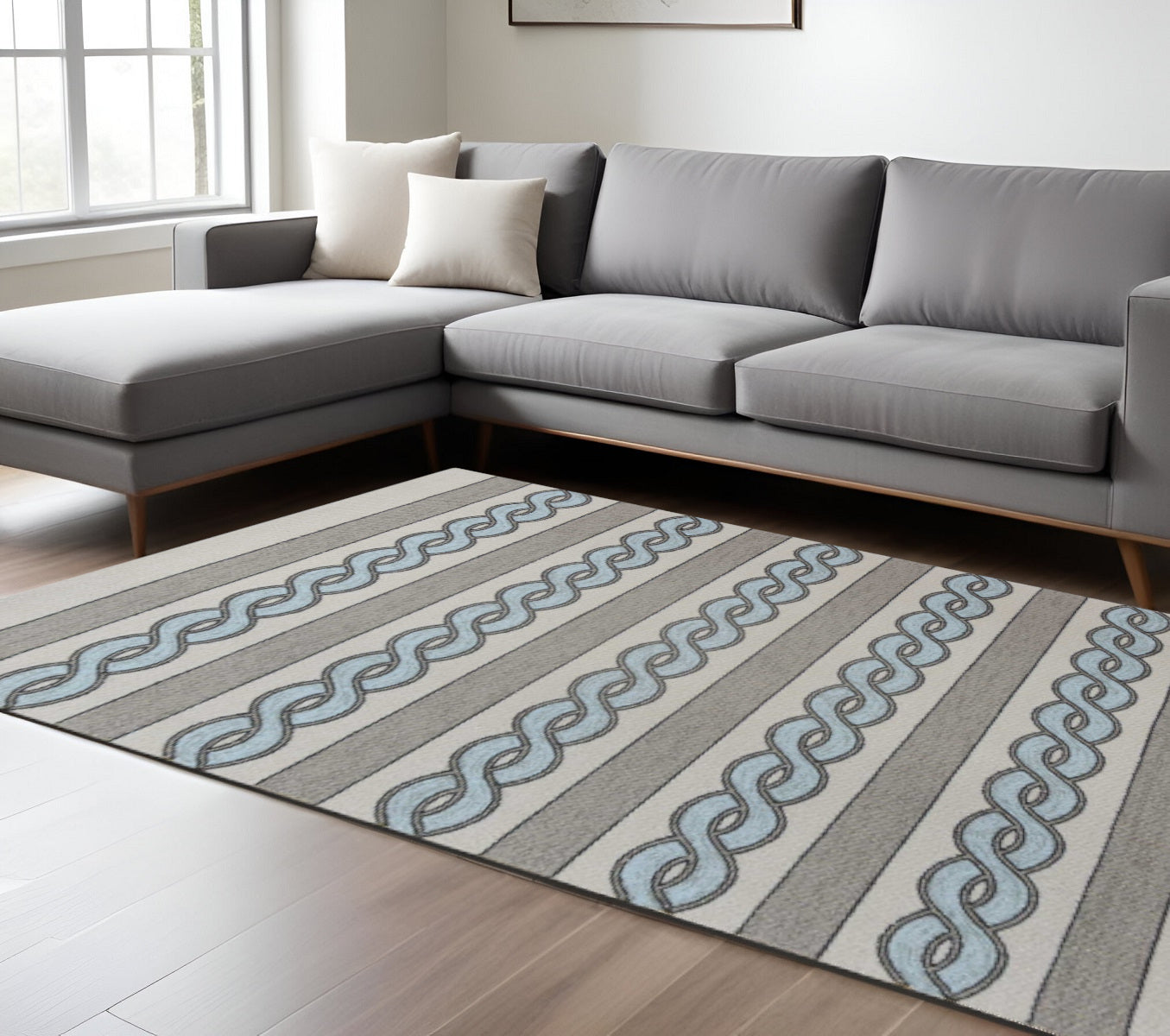 6' X 9' Ivory Light Blue And Gray Geometric Hand Hooked Area Rug-Area Rugs-DECOROLALA