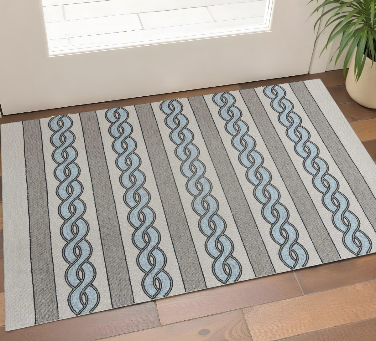 6' X 9' Ivory Light Blue And Gray Geometric Hand Hooked Area Rug-Area Rugs-DECOROLALA