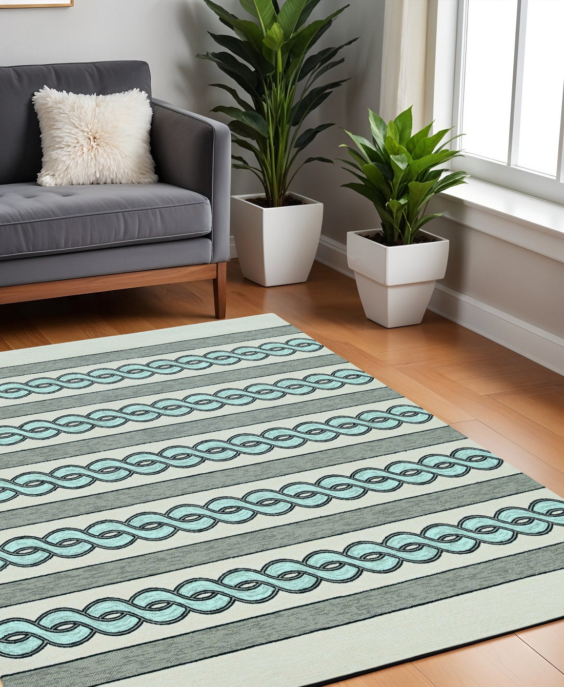 6' X 9' Ivory Light Blue And Gray Geometric Hand Hooked Area Rug-Area Rugs-DECOROLALA