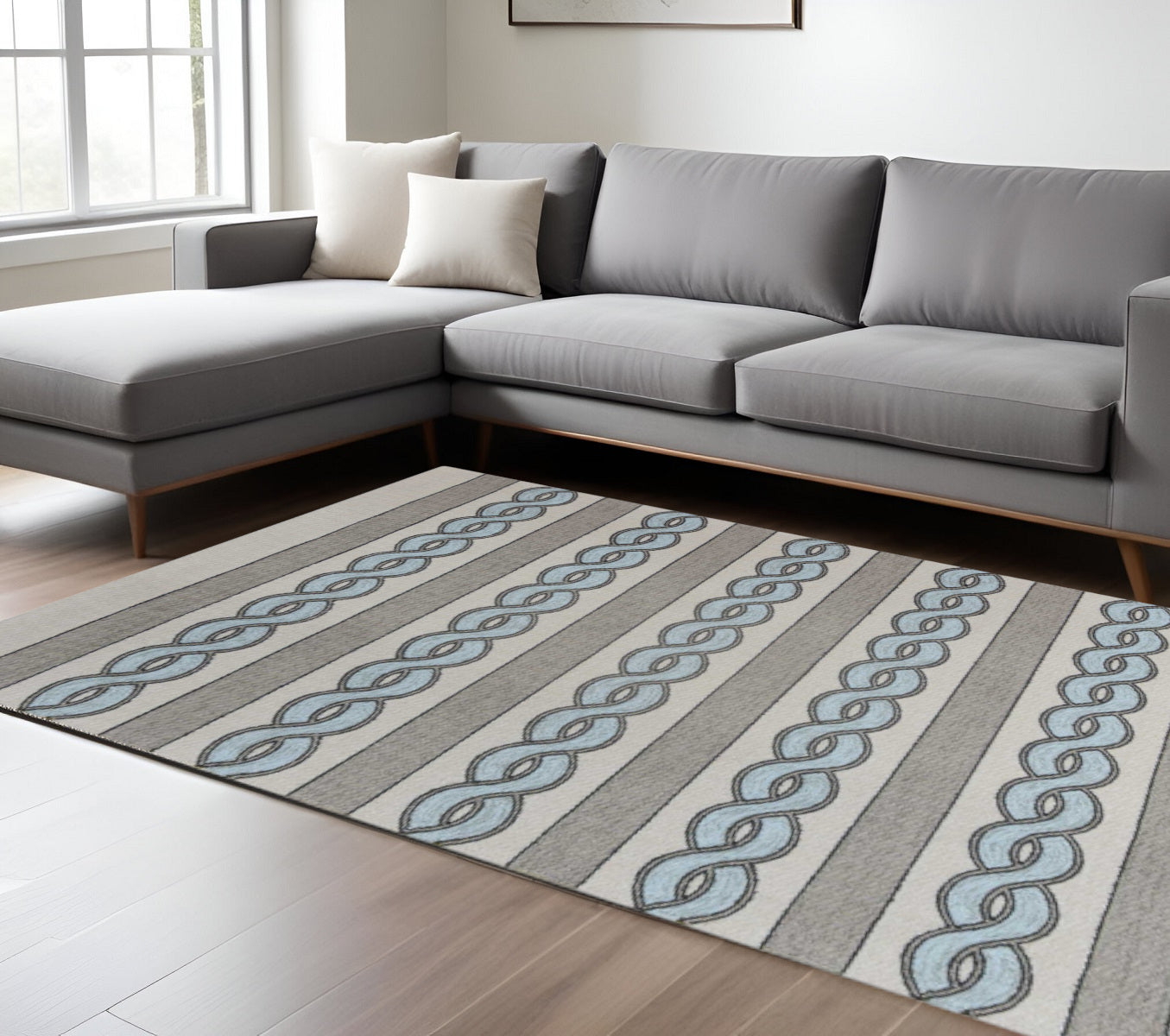 6' X 9' Ivory Light Blue And Gray Geometric Hand Hooked Area Rug-Area Rugs-DECOROLALA