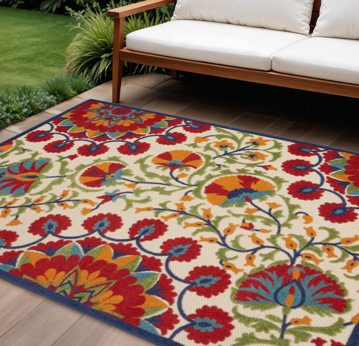 6' X 9' Red And Ivory Floral Indoor Outdoor Area Rug-Outdoor Rugs-DECOROLALA
