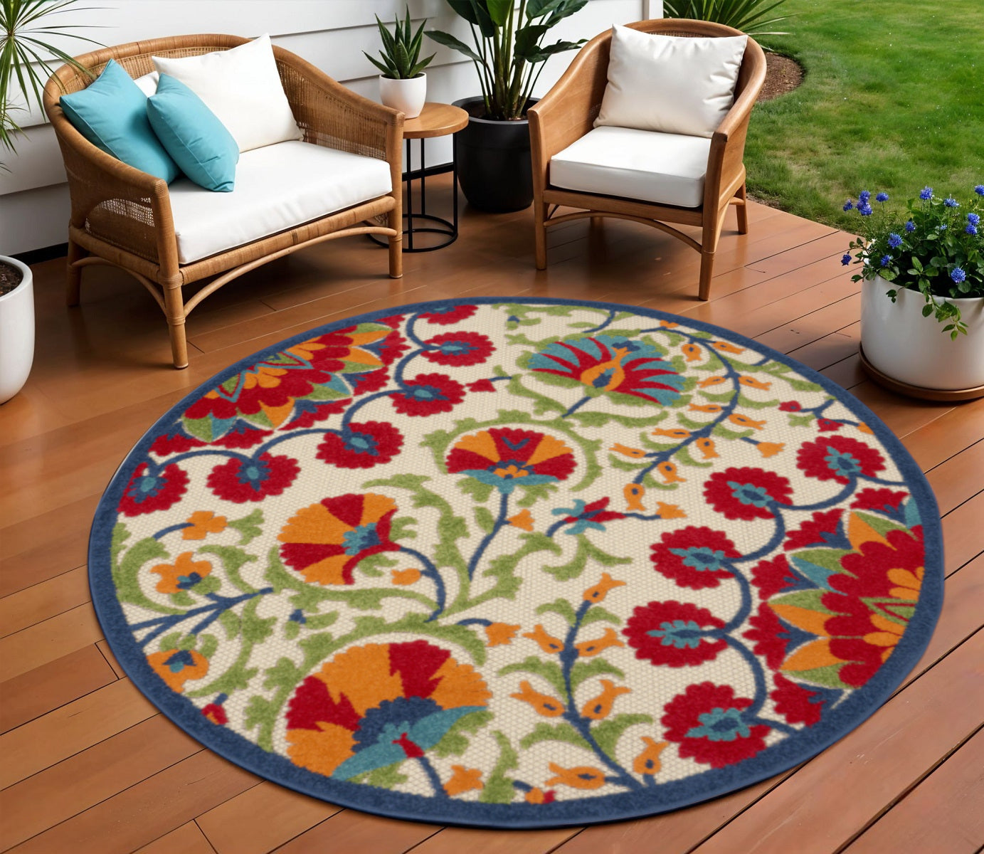 6' X 9' Red And Ivory Floral Indoor Outdoor Area Rug-Outdoor Rugs-DECOROLALA