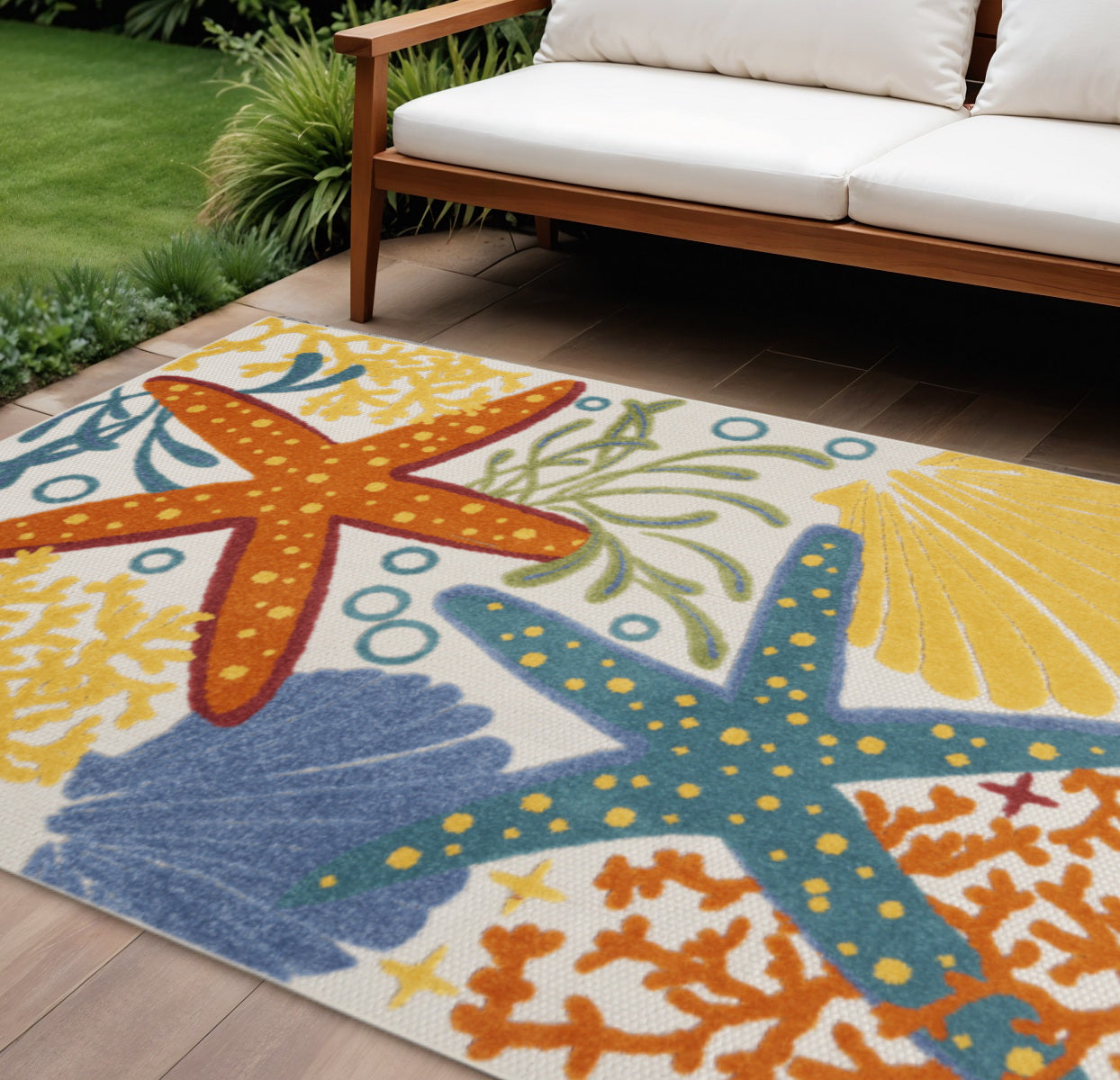 6' X 9' Yellow And Ivory Indoor Outdoor Area Rug-Outdoor Rugs-DECOROLALA