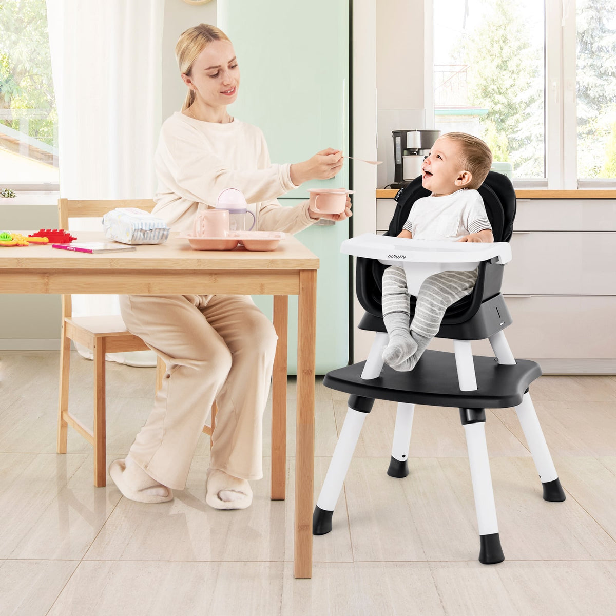 6-in-1 Convertible Baby High Chair with Adjustable Removable Tray-Black-High Chairs-DECOROLALA