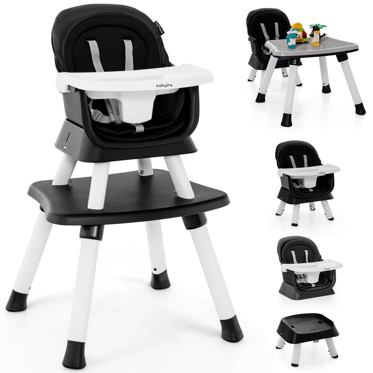 6-in-1 Convertible Baby High Chair with Adjustable Removable Tray-Black-High Chairs-DECOROLALA