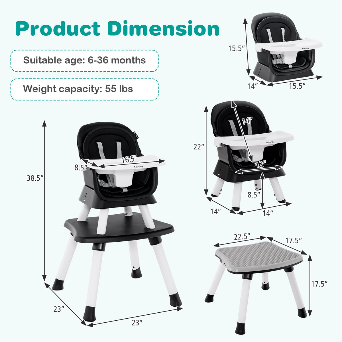 6-in-1 Convertible Baby High Chair with Adjustable Removable Tray-Black-High Chairs-DECOROLALA