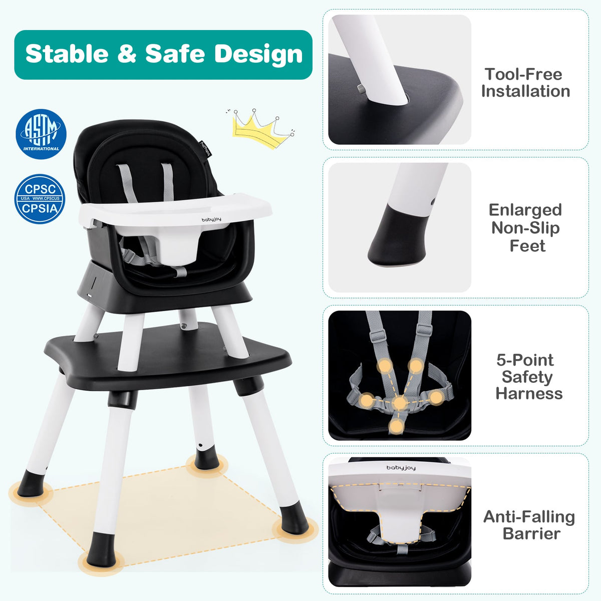 6-in-1 Convertible Baby High Chair with Adjustable Removable Tray-Black-High Chairs-DECOROLALA