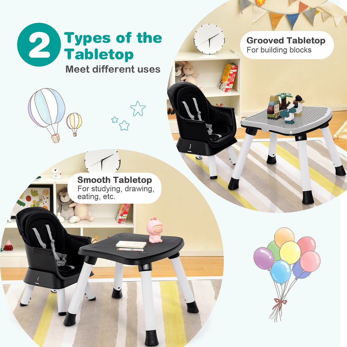 6-in-1 Convertible Baby High Chair with Adjustable Removable Tray-Black-High Chairs-DECOROLALA