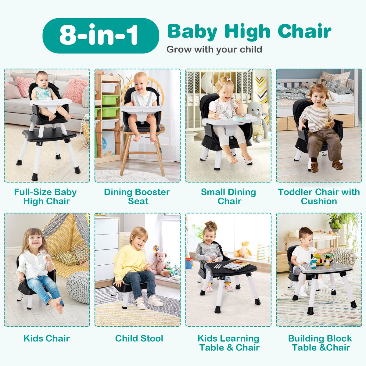 6-in-1 Convertible Baby High Chair with Adjustable Removable Tray-Black-High Chairs-DECOROLALA