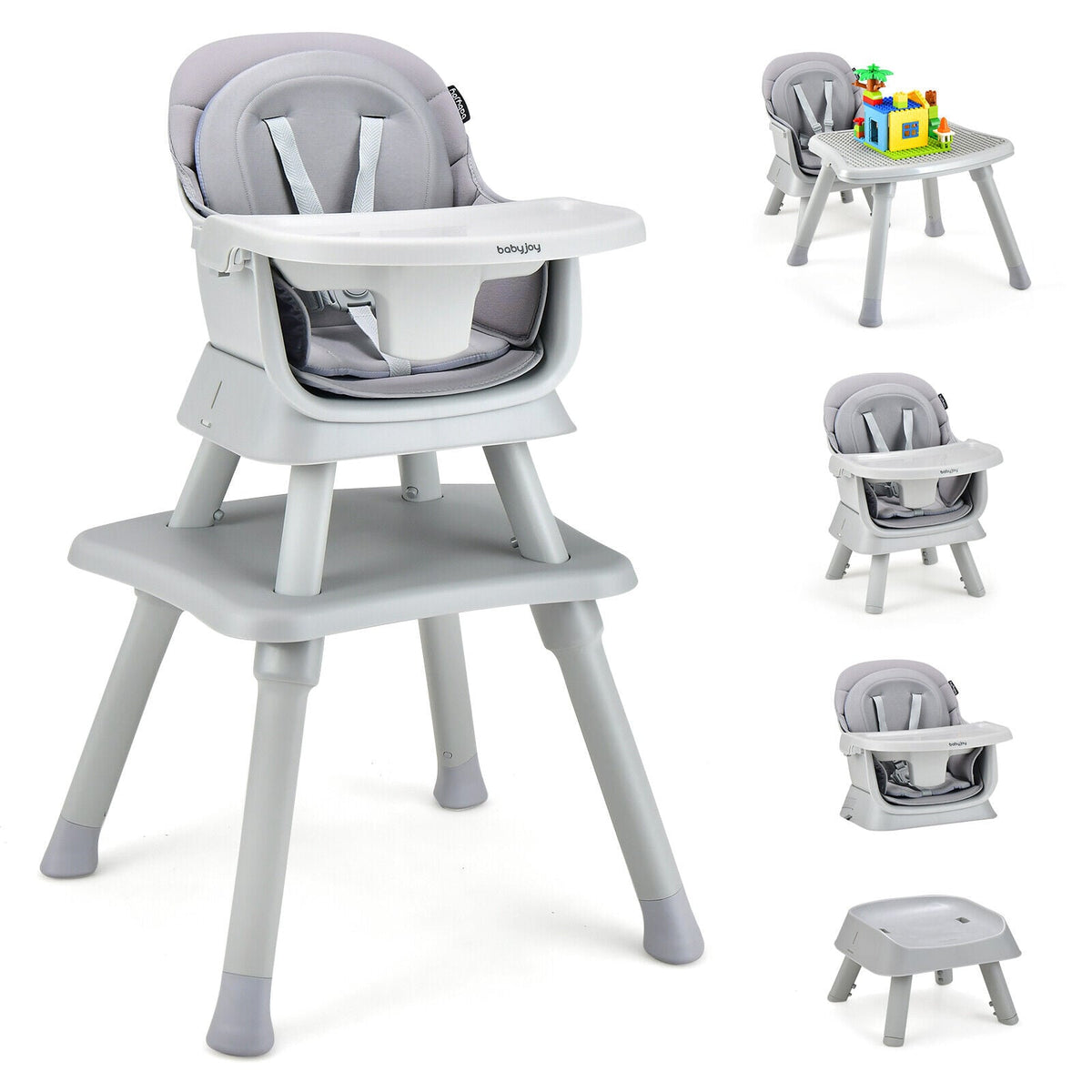 6-in-1 Convertible Baby High Chair with Adjustable Removable Tray-Gray-High Chairs-DECOROLALA