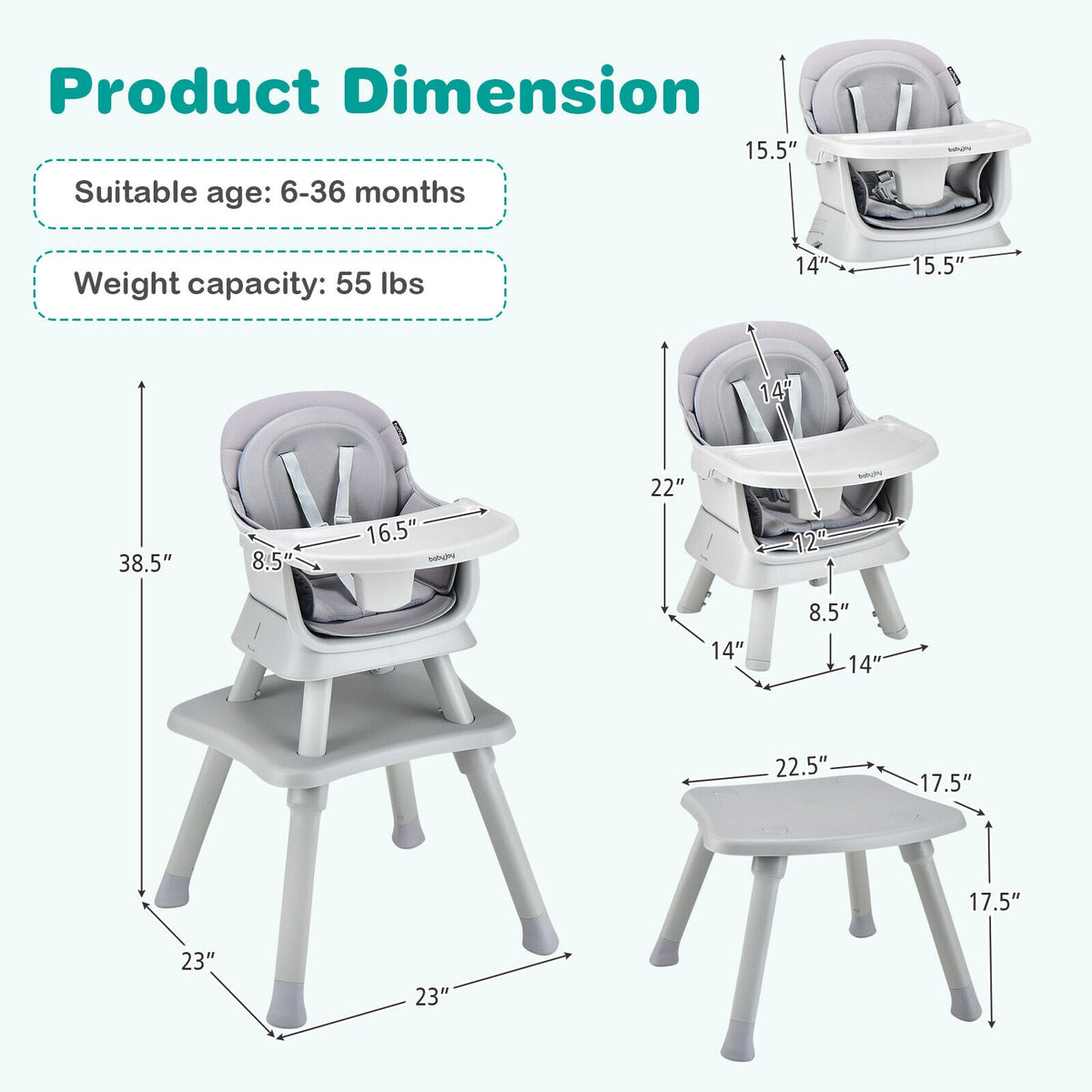 6-in-1 Convertible Baby High Chair with Adjustable Removable Tray-Gray-High Chairs-DECOROLALA