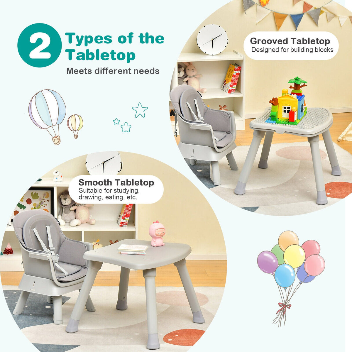 6-in-1 Convertible Baby High Chair with Adjustable Removable Tray-Gray-High Chairs-DECOROLALA