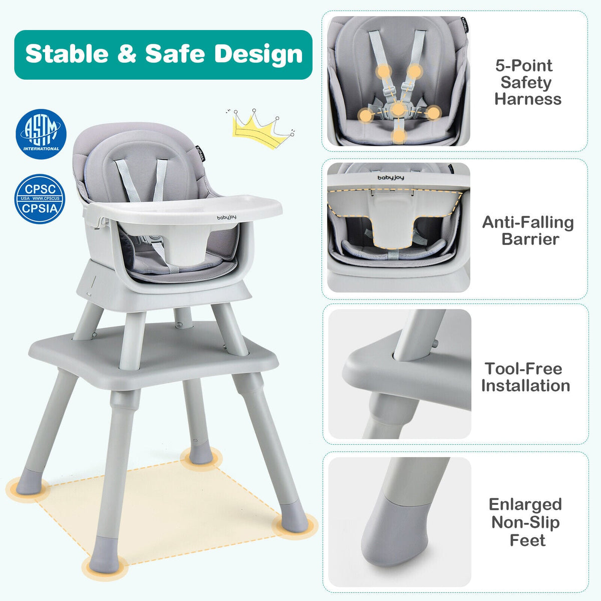 6-in-1 Convertible Baby High Chair with Adjustable Removable Tray-Gray-High Chairs-DECOROLALA